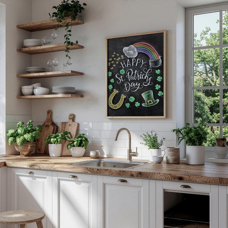 May include: A kitchen scene with white cabinets, wooden countertops, and a sink. A framed chalkboard with "Happy St. Patrick's Day" is displayed. The chalkboard features a rainbow, pot of gold, horseshoe, and shamrocks. Shelves hold dishes and glasses.