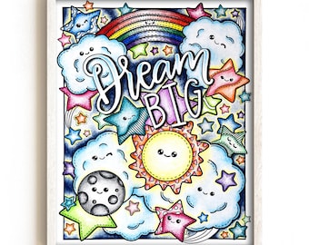 Rainbow Kawaii Coloring Page for Kids, Dream Big Art (PDF Download)