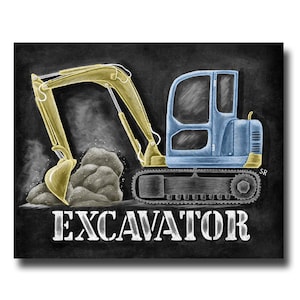 Excavator Print, Construction Truck Art, Chalk Art, Boys Bedroom Decor, Chalkboard Art, Boy Nursery Decor, Excavator Art, Truck Print
