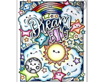 Coloring Pages For Kids Printable, Rainbow Coloring page, Kawaii Coloring Page, Dream Big, Kawaii Art Print, Coloring Page For Kids Download