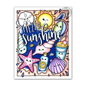 Kawaii Beach Coloring Page, Hello Sunshine Summer Fun (Digital Download) image 2