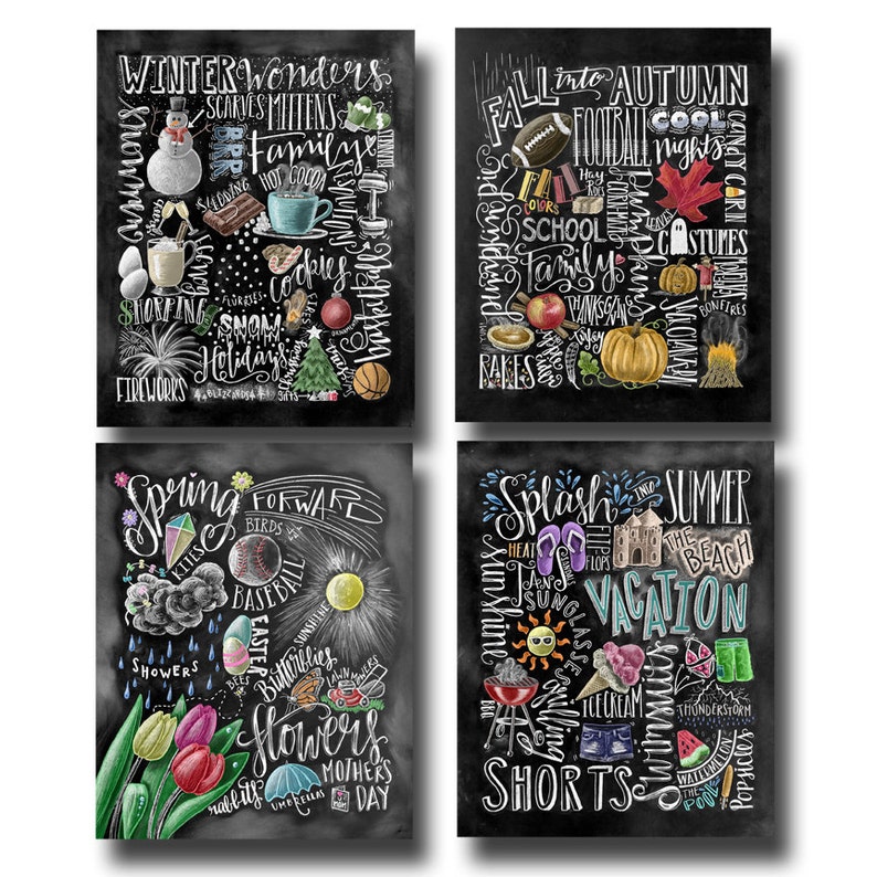 Four Seasons, 4 Seasons Wall Art, Chalkboard Art, Chalk Art, Four Seasons Art, Home Decor image 1