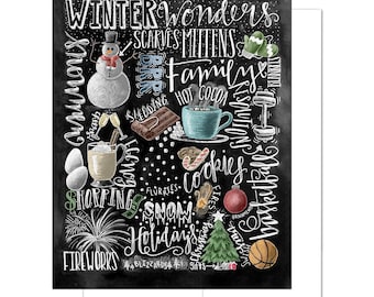 Winter Word Collage Card Set, Hand Drawn Chalkboard Winter Art, Holiday Greeting Card, Subway Art Christmas Card Set, Seasonal Stationery