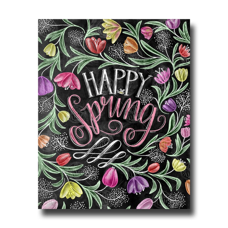 May include: A chalkboard-style art print with the words "Happy Spring" in white and pink script. The design features colourful tulips and green foliage against a black background, creating a vibrant and cheerful spring theme.
