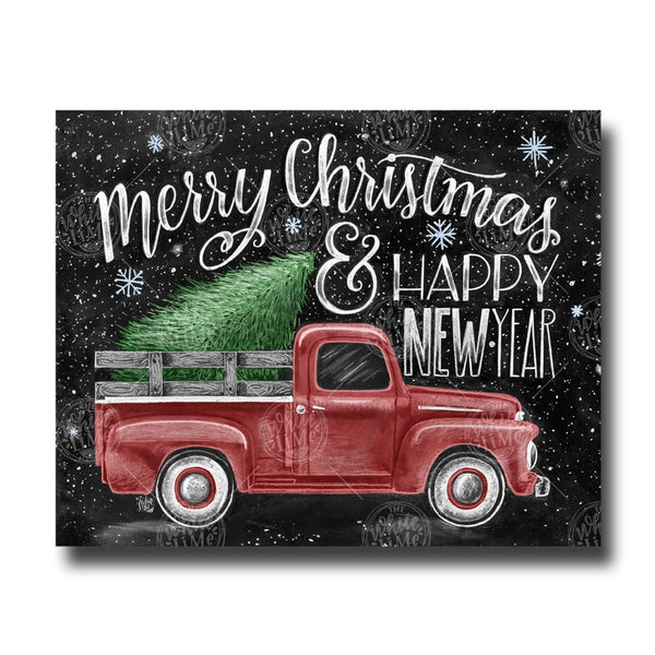 Merry Christmas Sign, Merry Christmas & Happy New year, Chalkboard Art, Chalk Art, Christmas Decor, Vintage Truck, Christmas Art