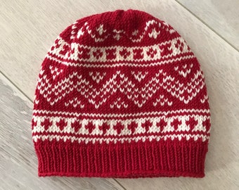 Bonnet motif jacquard, rouge et écru, taille 3/5 ans, 100% mérinos