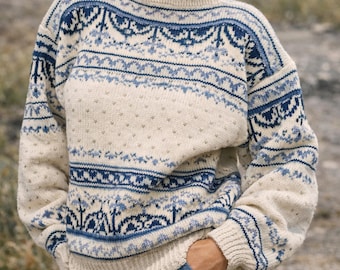 Suéter feminino estilo retrô, 100% lã, jacquard multicolorido, feito sob encomenda.