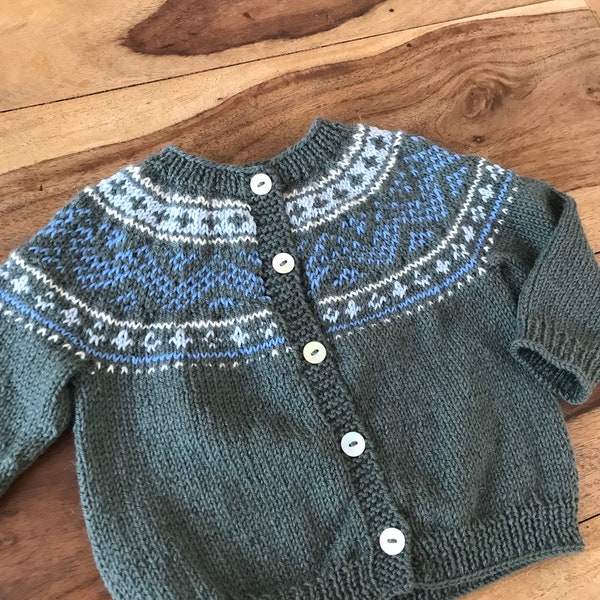 Gilet bébé, taille 12/18 mois, alpaga & mérinos, motif jacquard, vert et bleu