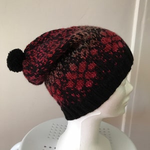 Jacquard pattern beanie, ADULT, unisex, black and multicolored red, size L