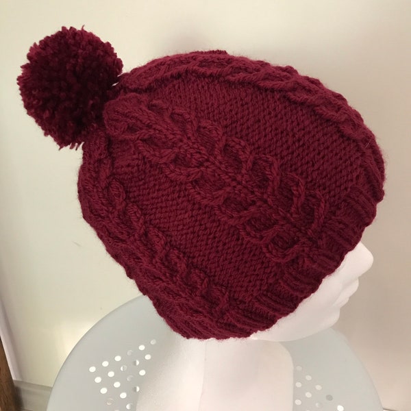 Bonnet motif torsadé, ADULTE, mixte, rouge bordeaux, taille S/M