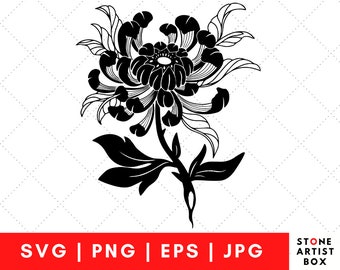 May include: Black and white silhouette of a stylized chrysanthemum flower with intricate details. The flower has a large center and many petals.