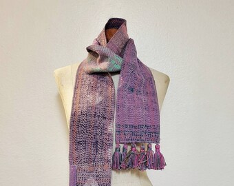Upcycle scarf with handmade tassels. Kantha scarf.