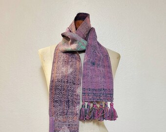 Upcycled scarf with handmade tassels. Kantha scarf.