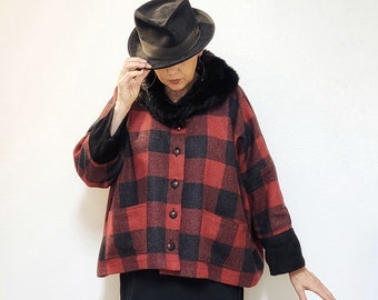 Red and black plaid wool mohair coat