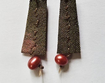 Upcycled recycled earrings, silk,pearl,beads