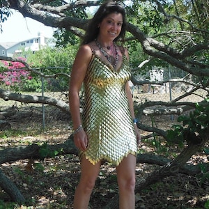 Gold Scale Scale Maille Scalemaille dress with copper chainmaille detail and corset style back with leather lace