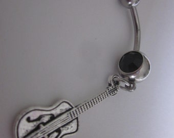 Black Chrome Small Guitar Pick w Double Black BAR Belly Button Ring Piercing KEZ-3884
