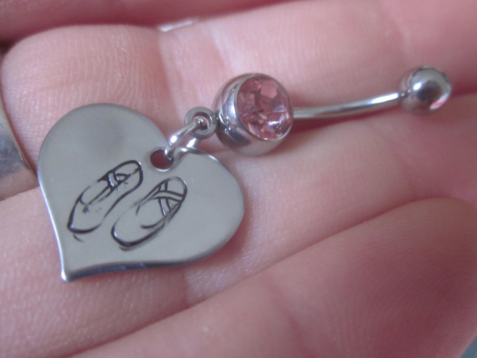 ballet slippers belly button ring hand stamped stainless steel hearts for ballerina, dancer, beautiful