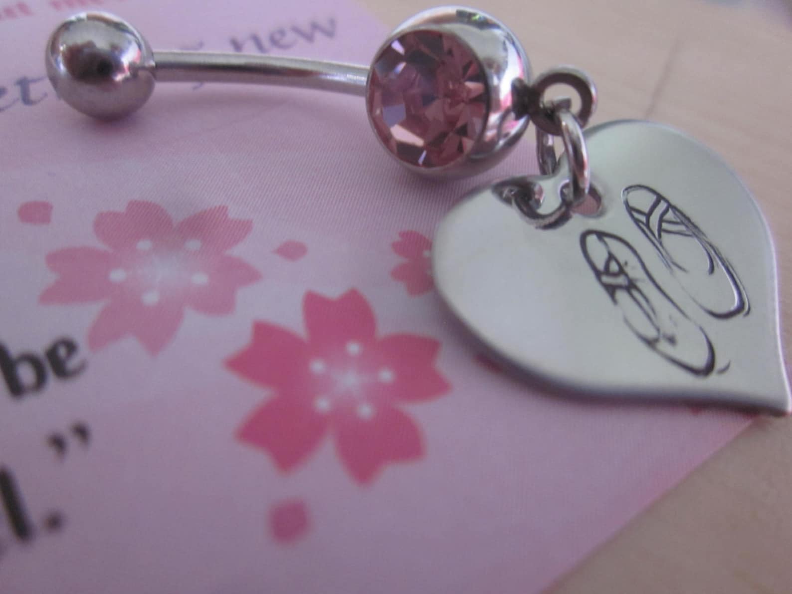 ballet slippers belly button ring hand stamped stainless steel hearts for ballerina, dancer, beautiful
