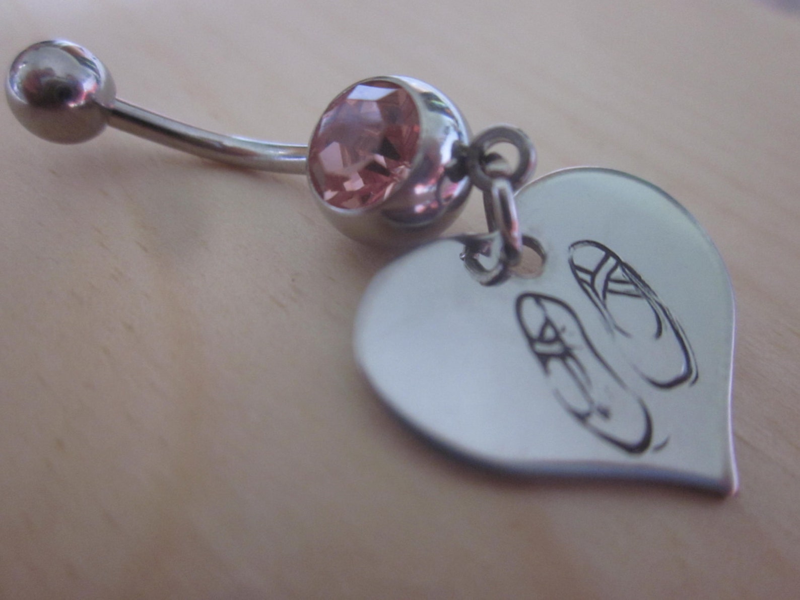 ballet slippers belly button ring hand stamped stainless steel hearts for ballerina, dancer, beautiful