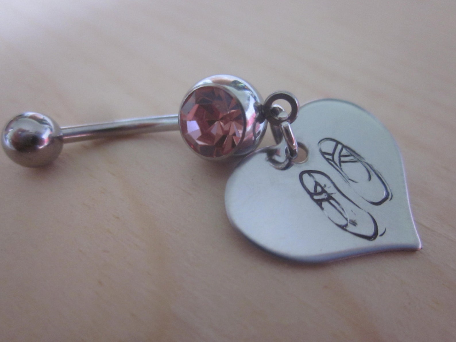 ballet slippers belly button ring hand stamped stainless steel hearts for ballerina, dancer, beautiful