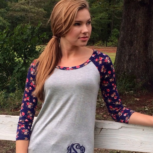 Floral Sleeve Baseball Tee- Monogram Raglan Tee-  ~ Navy Floral Tee~ Monogram Baseball Shirt