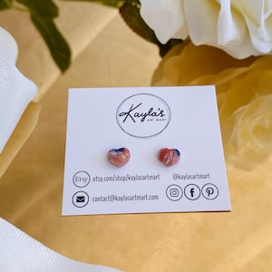 Orange Blue Gold 6mm Heart Studs, Polymer Clay Earrings, Rust Orange Jewelry, Navy Blue Jewelry, Lightweight Hypoallergenic, Gift For Her