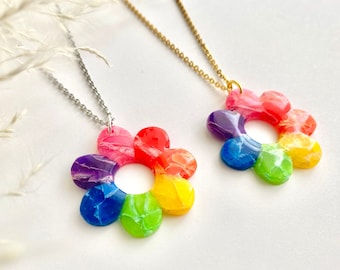 Collier pendentif fleur arc-en-ciel, bijoux en argile polymère, collier hypoallergénique léger, 18" or argent acier inoxydable