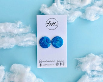 Blue Silver 20mm Studs, Polymer Clay Statement Jewelry, Lightweight Hypoallergenic Earrings, Big Bold Fun Colourful Earrings