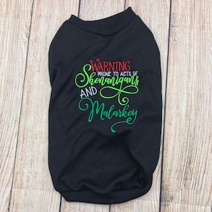 St Patrick's Day Dog Shirt or Dress, Shenanigans and Malarkey Embroidery for Puppy, Personalized Wear Green and Gold Shirt