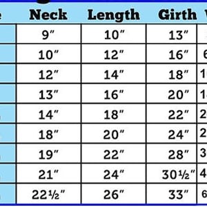 May include: A chart showing dog clothing sizes with measurements in inches for neck, length, girth, and weight in pounds. The chart includes sizes from small to 6XL.