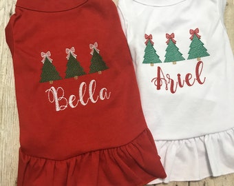 Christmas Dog Shirt or Dress, Christmas Bow Tree Sketch Trio Monogrammed Shirt, Beautiful Personalized Embroidered Holiday Puppy Clothing
