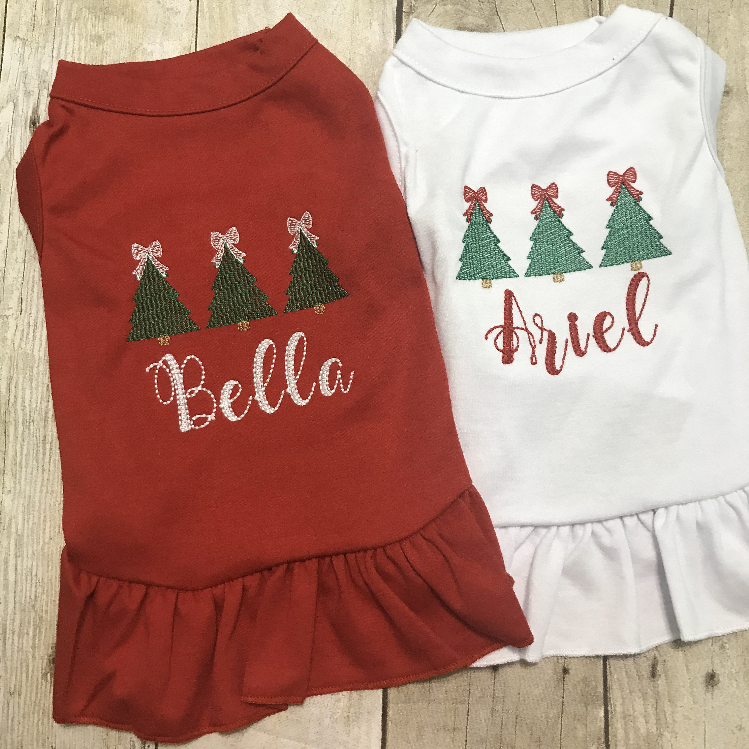 Christmas Dog Shirt or Dress, Christmas Bow Tree Sketch Trio Monogrammed Shirt, Beautiful Personalized Embroidered Holiday Puppy Clothing