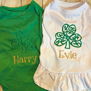 St Patrick&#39;s Day Dog Shirt or Dress, Cute Swirly Clover Embroidery for Puppy, Personalized Wear Green and Gold Shirt