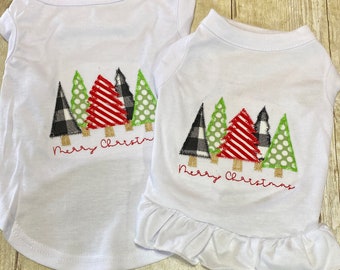 Dog Christmas Shirt or Dress, Christmas Trees Applique, Pet Holiday Clothing, Cat, Beautiful Personalized Embroidered Holiday Puppy Clothing