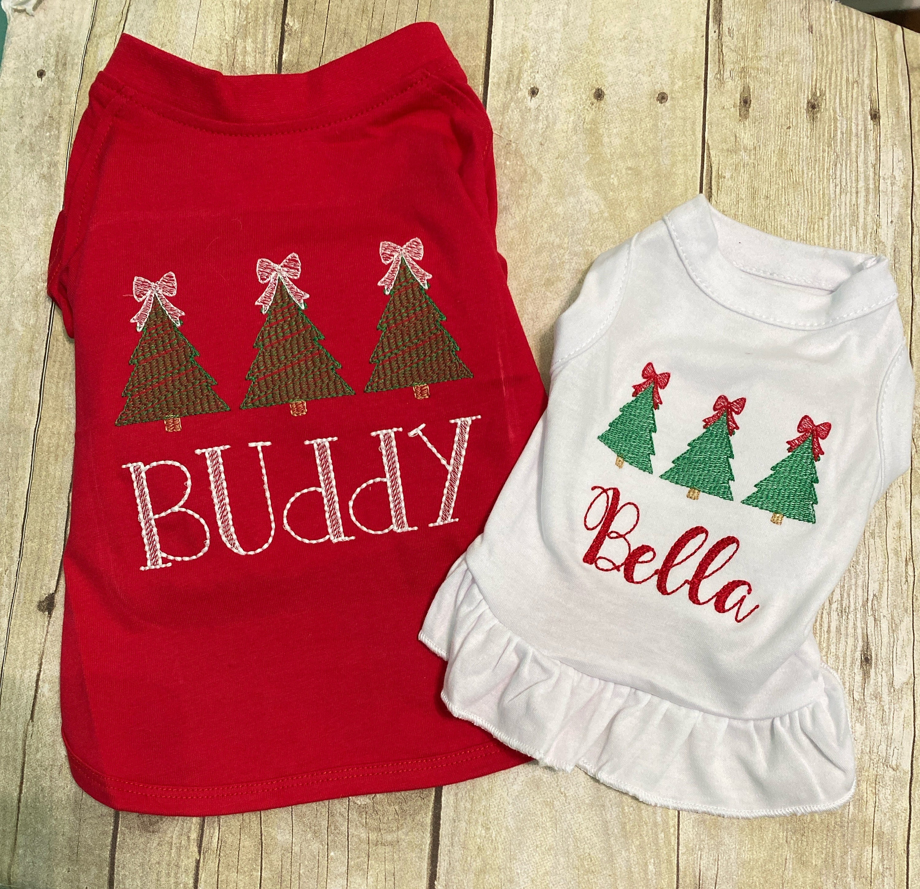 Christmas Dog Shirt or Dress, Christmas Bow Tree Sketch Trio Monogrammed Shirt, Beautiful Personalized Embroidered Holiday Puppy Clothing