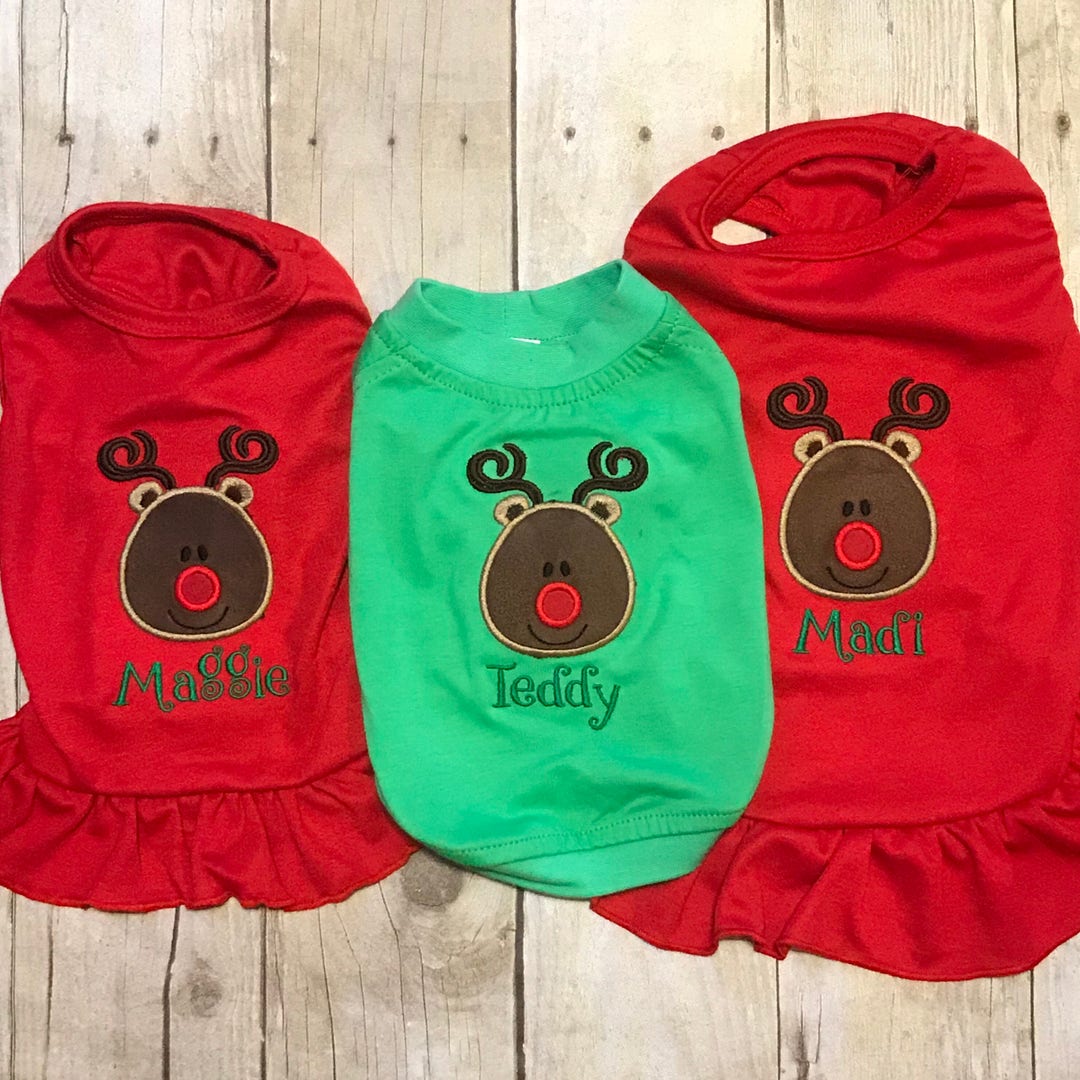 Dog Christmas Shirt or Dress, Cute Reindeer Applique, Pet Holiday