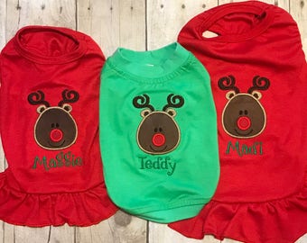 Dog Christmas Shirt or Dress, Cute Reindeer Applique, Pet Holiday Clothing, Cat, Beautiful Personalized Embroidered Holiday Puppy Clothing