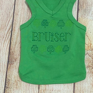 May include: Green sleeveless shirt with a V-neck and the word "Bruiser" embroidered on the front. The shirt is decorated with green shamrock designs.