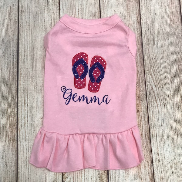 Dog Pet Monogram Shirt Dress, Flip flop sandal name shirt monogram Cute Small Cat Dress, Rabbit, Pig, Goat Dress, Summer Style Name Shirt