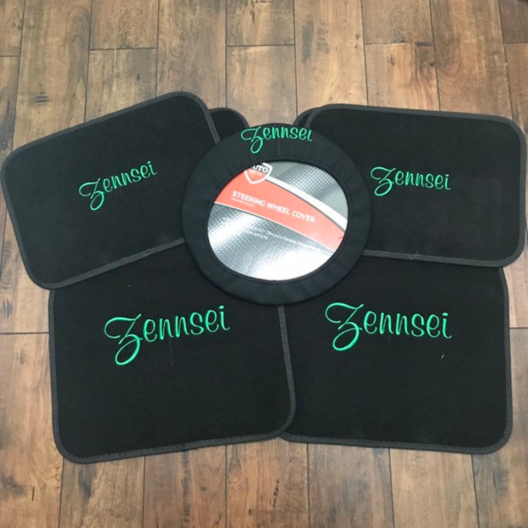 Car Floor Mats and Steering Wheel Cover With Name or Logo, Custom Embroidered Set of 4 Mats, New