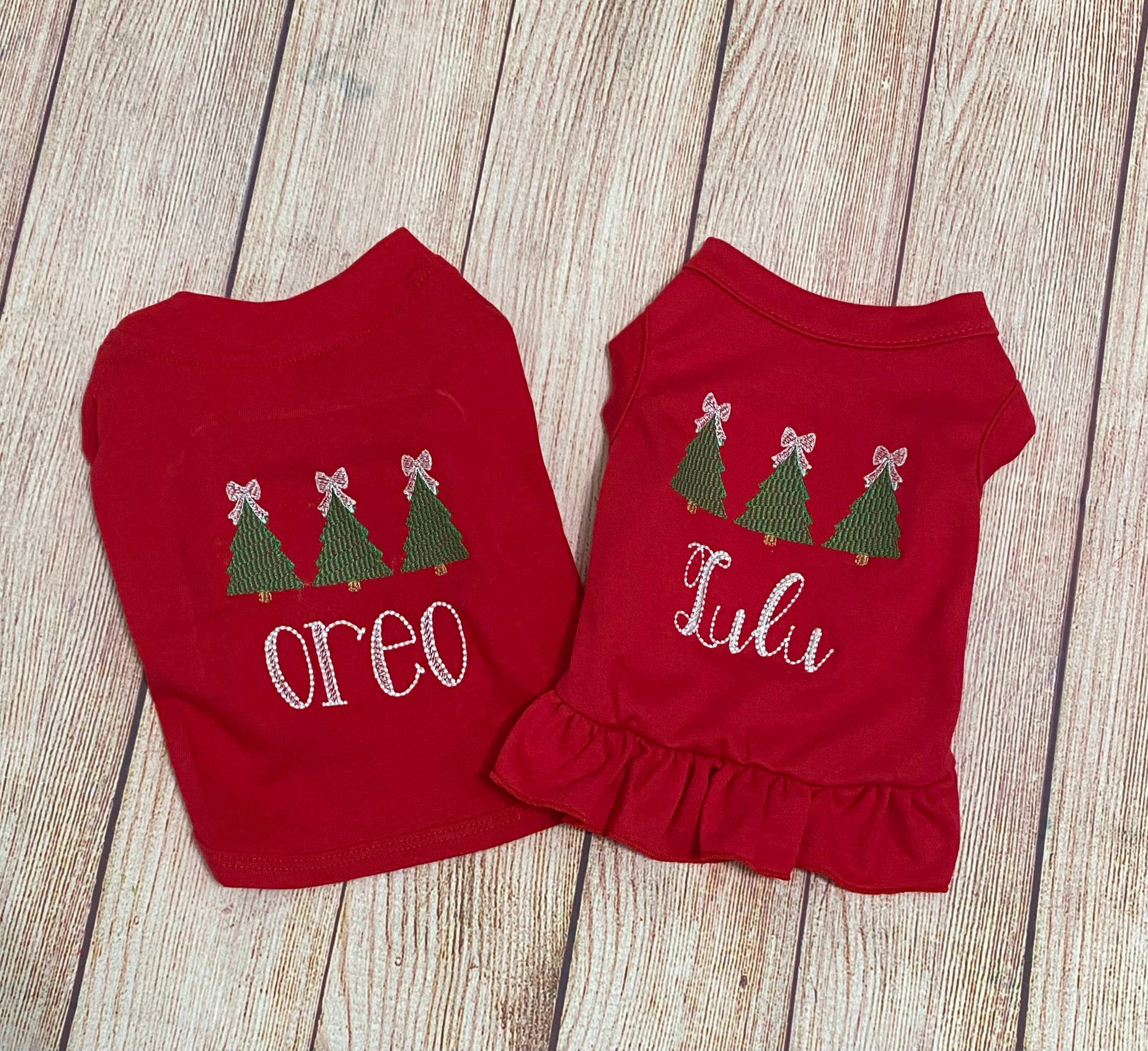 Christmas Dog Shirt or Dress, Christmas Bow Tree Sketch Trio Monogrammed Shirt, Beautiful Personalized Embroidered Holiday Puppy Clothing