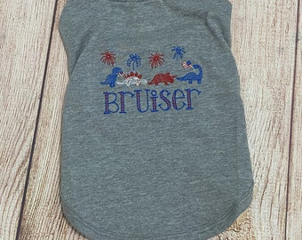 Fourth of July Dog Shirt Dinosaur Embroidered Personalized Monogrammed Dog Shirt, Dress - July 4th - Holiday Shirt - Summer Pet Clothes