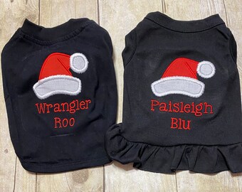 Christmas Dog Shirt or Dress, Santa hat with name Shirt, Beautiful Personalized Embroidered Holiday Puppy Clothing