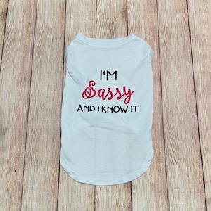 May include: White dog shirt with the text "I'm Sassy and I Know It" in black and pink lettering.