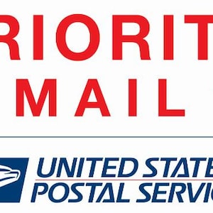 May include: Red and white Priority Mail logo with two red stars and the text "PRIORITY MAIL" with a registered trademark symbol. Below the logo is a blue United States Postal Service logo with a registered trademark symbol.