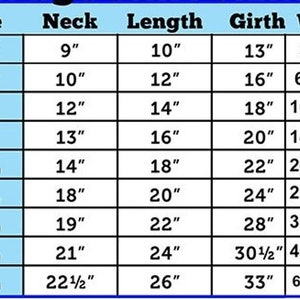 May include: A chart showing dog clothing sizes with measurements in inches for neck, length, girth, and weight in pounds. The chart includes sizes from small to 6XL.