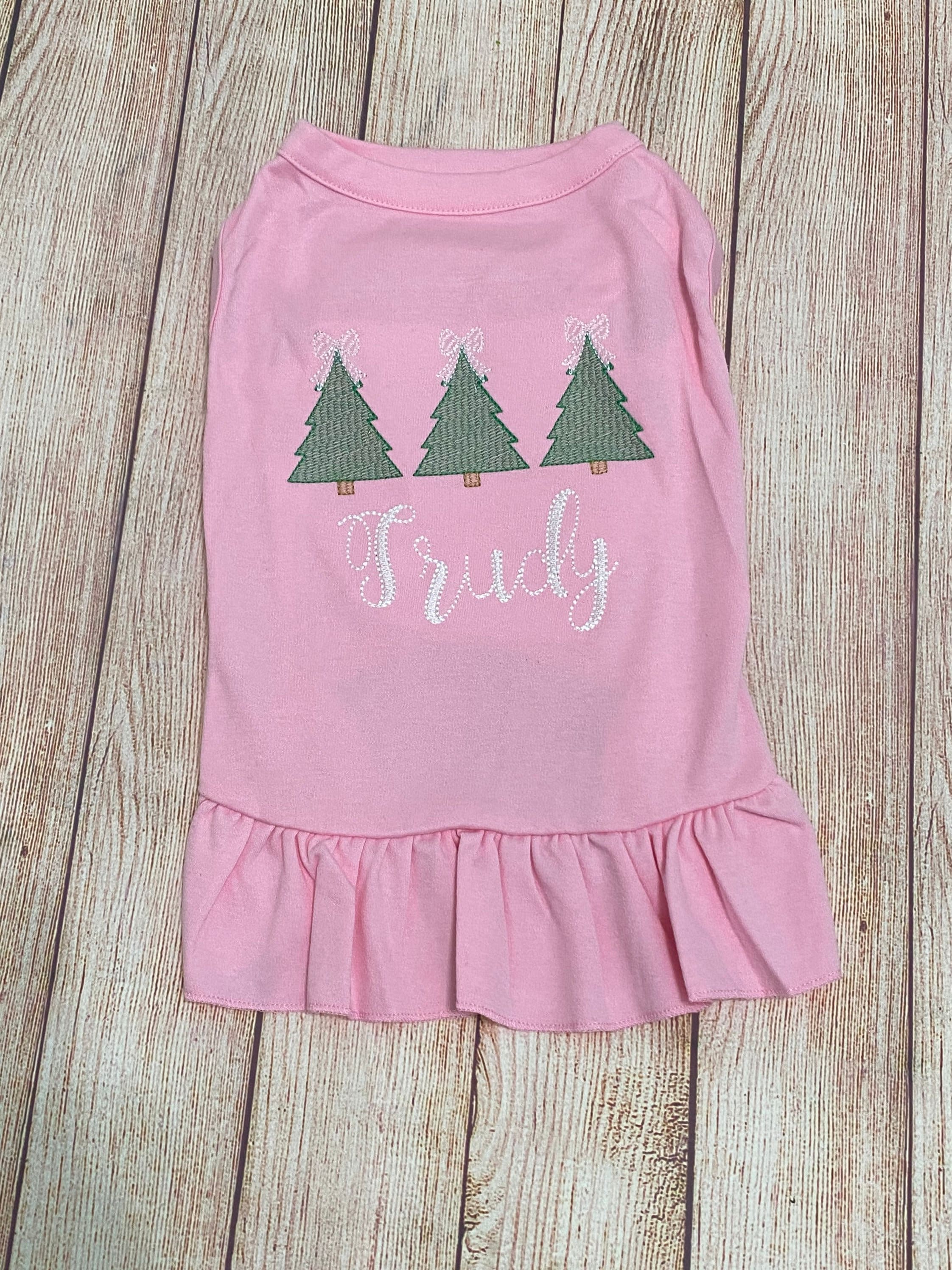 Christmas Dog Shirt or Dress, Christmas Bow Tree Sketch Trio Monogrammed Shirt, Beautiful Personalized Embroidered Holiday Puppy Clothing