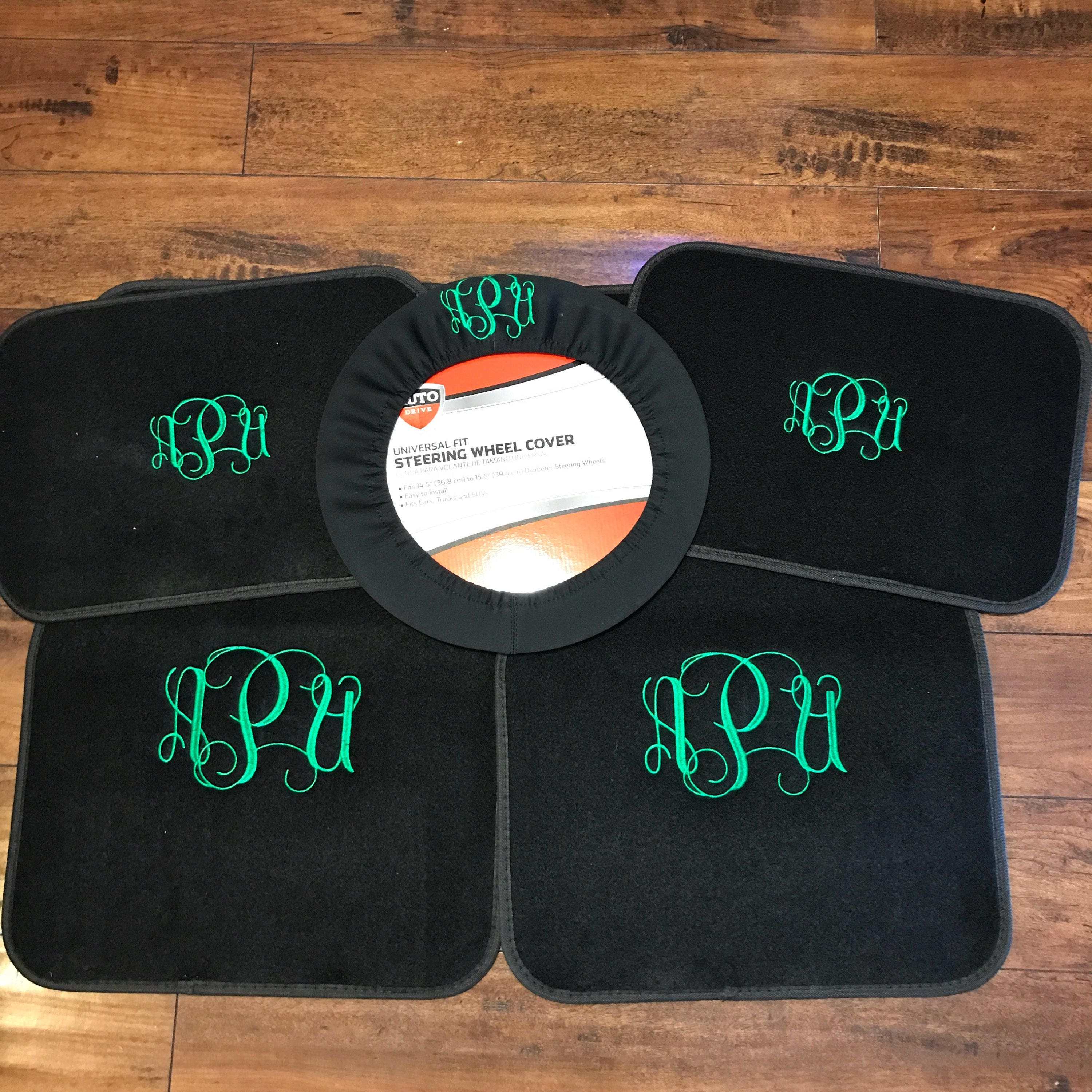 Car Floor Mats, Car Accessories Personalized Embroidered Monogrammed , Set  of 4 Mats, Steering Wheel Cover, 