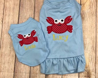 Pet Dog Vacation Crab Monogram Shirt Dress, Pretty Puppy Name Dress, Crab Pet Clothes, Pet Name Shirt, Cute little applique Cat Pig Shirt